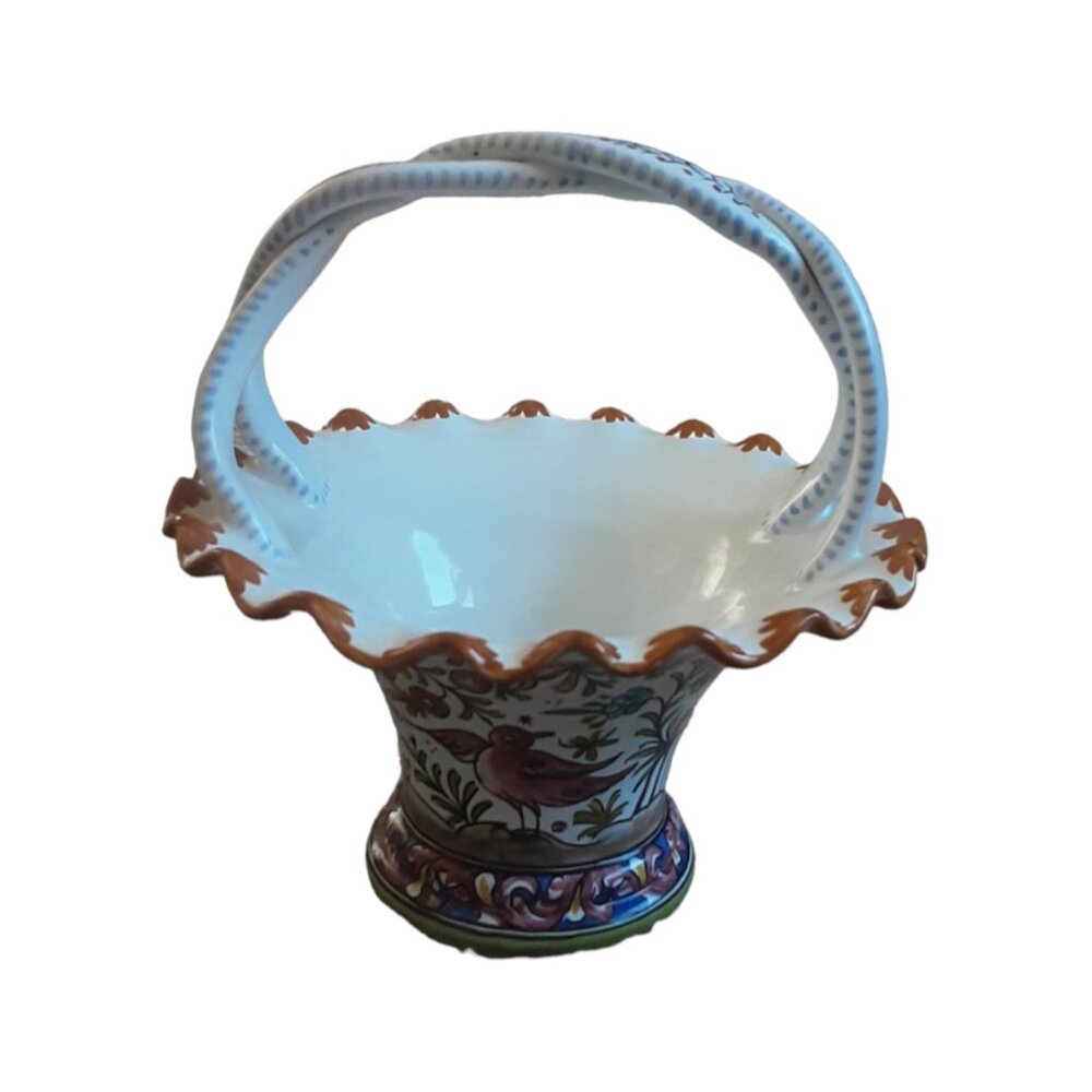 Vintage Handpainted Braided Handle Ceramic Basket. Made In Portugal